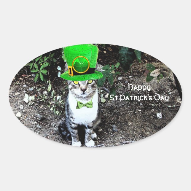 PEGATINA OVALADA GATO DEL DÍA DE SAN PATRICK CON GORRA DE LEPRECHAU (Anverso)