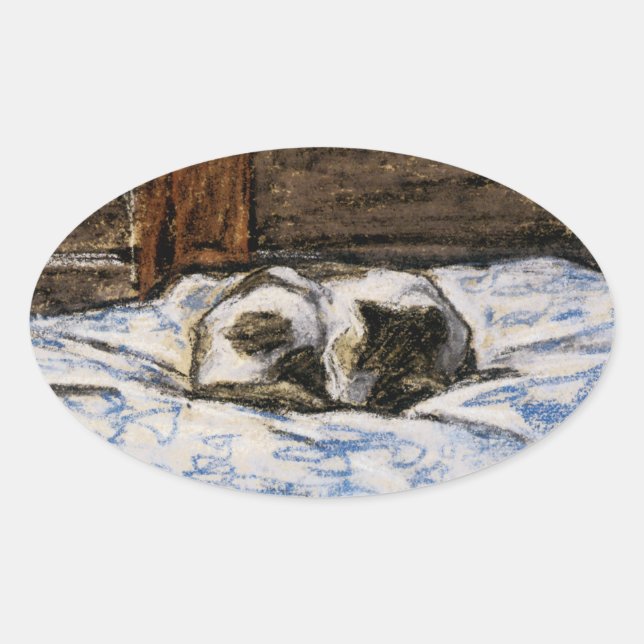 Pegatina Ovalada Gato durmiendo en la cama (Anverso)