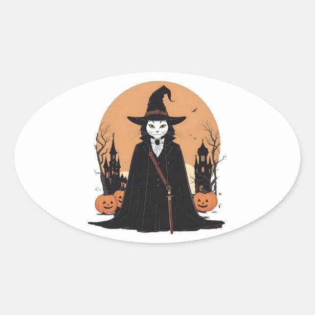 Pegatina Ovalada Gato negro místico salem con calabazas (Anverso)
