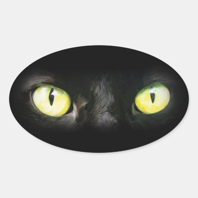 Pegatina Ovalada Gato negro, ojos verdes amarillos, elegantes y fan (Anverso)