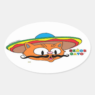 Pegatina Ovalada Gato Señor Gato de Dibujos Animados con Bigote
