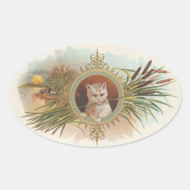 Pegatina Ovalada Gato vintage (Anverso)