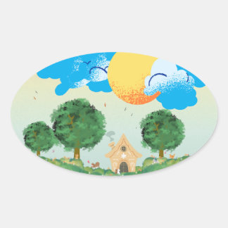 Pegatina Ovalada Gatos De Día Soleado En El Juego De Árboles De Cab