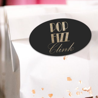 Pegatina Ovalada Gatsby fiesta Gold y Black Pop Fizz Clink