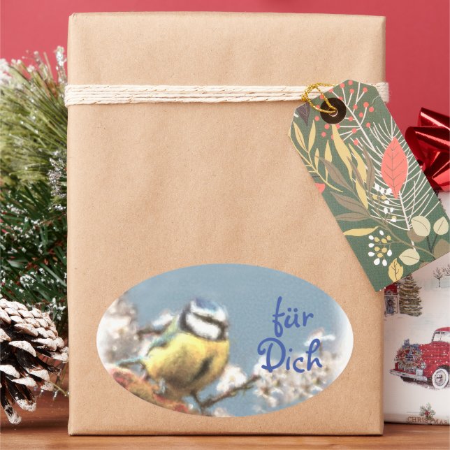 Pegatina Ovalada Geschenkaufkleber -  Blaumeise - Aquarell (Vacaciones)