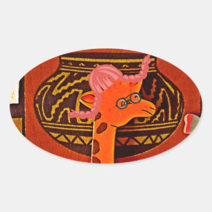 Pegatina Ovalada Giraffe Gorra Art Print