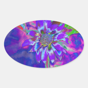 Pegatina Ovalada Girasol púrpura azul abstracto   funky retro