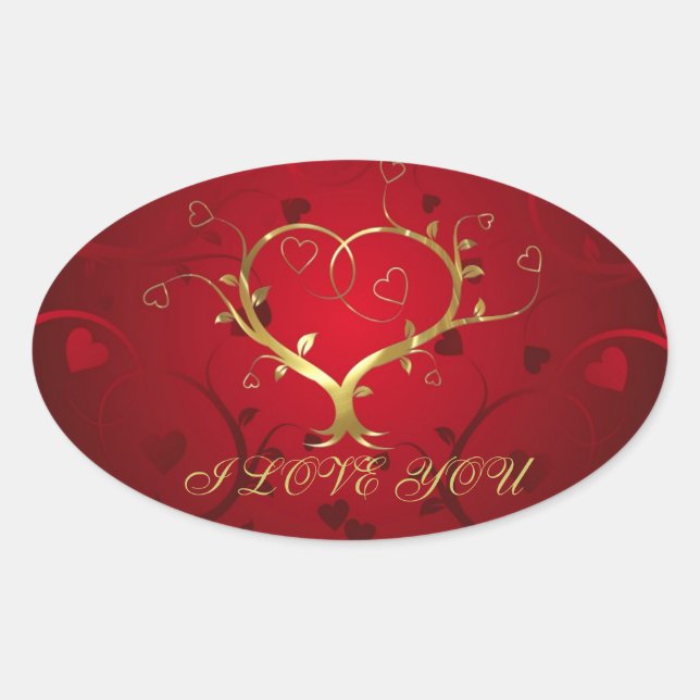 Pegatina Ovalada Girly Red & Gold Abstract Heart And Floral Swirls (Anverso)
