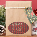 Pegatina Ovalada Gold Merry Christmas Red Buffalo Plantado<br><div class="desc">Feliz Navidad con un falso guión de Relieve metalizado dorado y tus nombres con letras de moda,  estos pegatinas de verificación de búfalos rojos y grises son elegantes para cualquier ocasión de vacaciones para Navidades.</div>