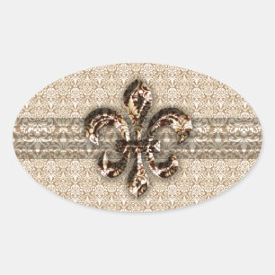 Pegatina Ovalada Golden Fleur De Lis con el patrón de damasco crema