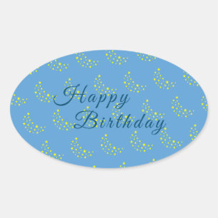 Pegatina Ovalada Golden Starry Moon, Picton Blue Happy Birday