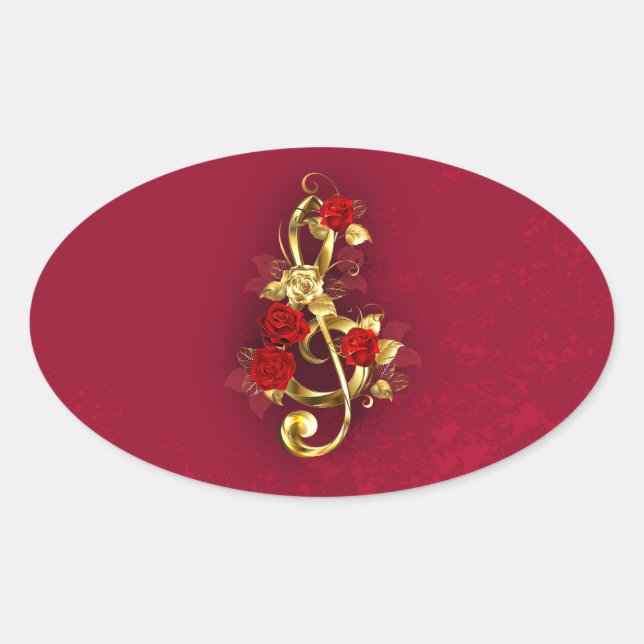 Pegatina Ovalada Golden Treble Clef con flores Rosas (Anverso)