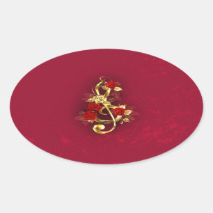 Pegatina Ovalada Golden Treble Clef con flores Rosas