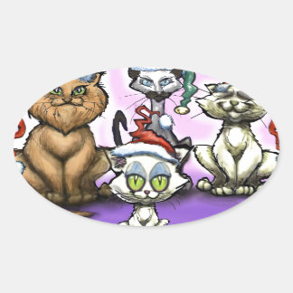 Pegatina Ovalada Gorras de Navidades gatos