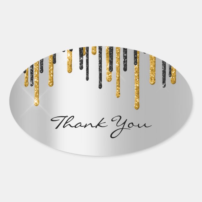Pegatina Ovalada Gracias Boda Silver Gray Gold Drips (Anverso)