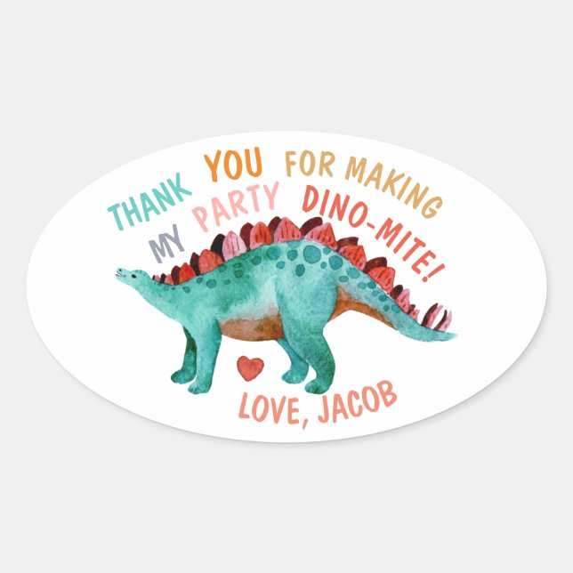 Pegatina Ovalada Gracias Fiesta de acuarela dinosaurio (Anverso)