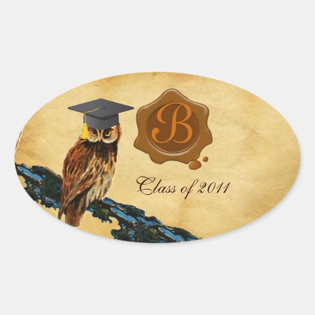 PEGATINA OVALADA GRADUACIÓN OWL PARCHMENT BROWN WAX SEAL MONOGRAM (Anverso)