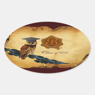 PEGATINA OVALADA GRADUACIÓN OWL PARCHMENT BROWN WAX SEAL MONOGRAM
