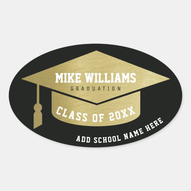 Pegatina Ovalada graduado/graduado/oro/negro de la graduación falso (Anverso)