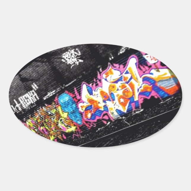 Pegatina Ovalada graffiti urbano arte callejero blanco y negro con  (Anverso)