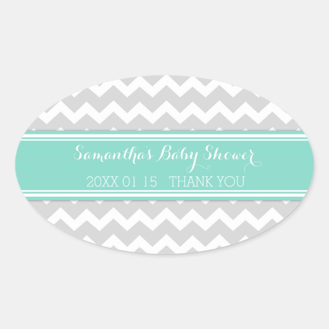 Pegatina Ovalada Gray Aqua Chevron Baby Shower Favor Pegatinas (Anverso)