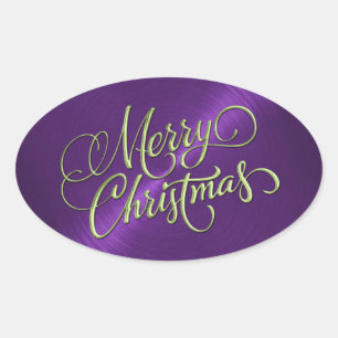 Pegatina Ovalada Green Merry Christmas Purple Grabado en relieve Lo