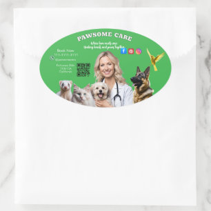Pegatina Ovalada Green White Pet Store Sign Dogs, Cats, Birds Vet 