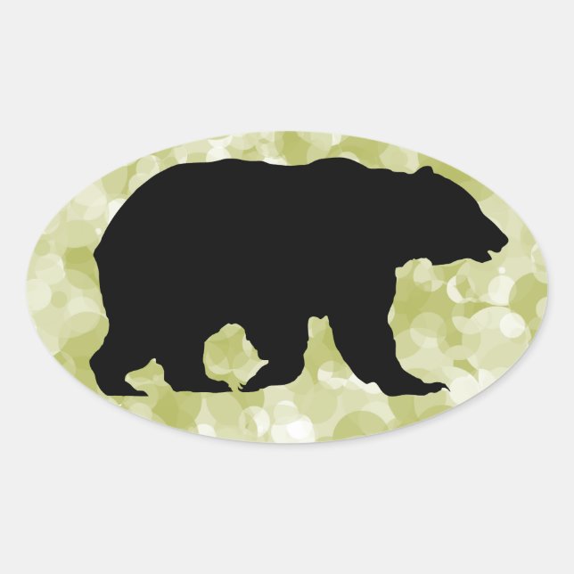 Pegatina Ovalada Grizzly Bear Black Silhouette Mottled Green (Anverso)