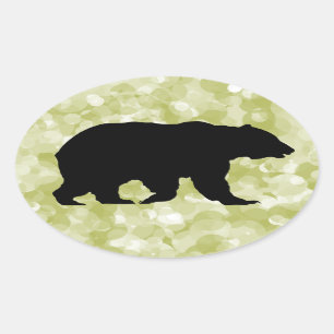 Pegatina Ovalada Grizzly Bear Black Silhouette Mottled Green
