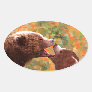 Pegatina Ovalada Grizzly Bear Mom and Cub Painting - Wildlife Art