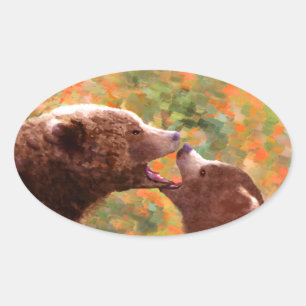 Pegatina Ovalada Grizzly Bear Mom and Cub Painting - Wildlife Art