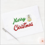 Pegatina Ovalada Guión verde rojo Merry Christmas Angel<br><div class="desc">Pegatinas con Feliz Navidad en texto verde y rojo 3D y un ángel. Hay pegatinas disponibles en varias formas.</div>