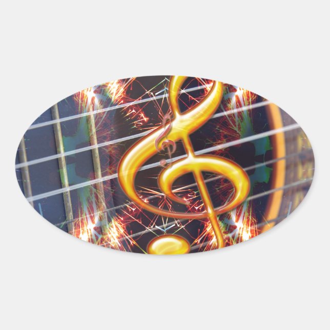 Pegatina Ovalada Guitarra Acústica Psicólica, diseño de hojas de mú (Anverso)