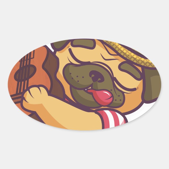 Pegatina Ovalada guitarra de pug (Anverso)