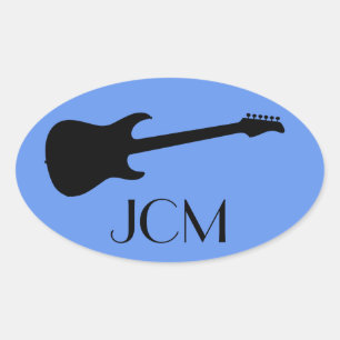 Pegatina Ovalada Guitarra eléctrica negra moderna Monogram, aciano