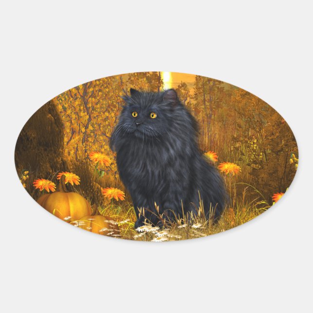 Pegatina Ovalada Halloween del gato persa negro (Anverso)