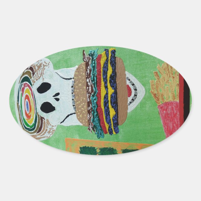 Pegatina Ovalada Hamburguesa en patatas fritas en el paraíso (Anverso)