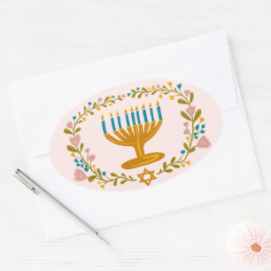 Pegatina Ovalada HANUKKAH Menorah floral festividad judía