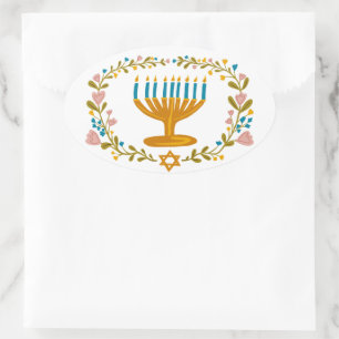 Pegatina Ovalada HANUKKAH Menorah floral festividad judía