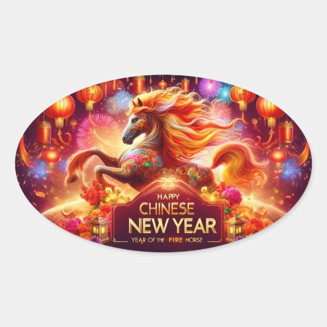 Pegatina Ovalada Happy Chinese New Year (Year of the Fire Horse) (Anverso)