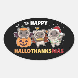 Pegatina Ovalada Happy Hallothanksmas Cat Christmas Elephant Classi