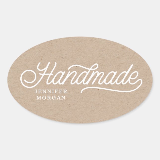 Pegatina Ovalada Hecho a Mano Script Cute Elegante Kraft Negocios (Anverso)