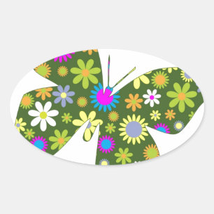 Pegatina Ovalada Hermosas flores caprichosas de ala de mariposa Azi