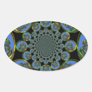 Pegatina Ovalada Hermoso arte fresco azul real negro Kaleidoscope