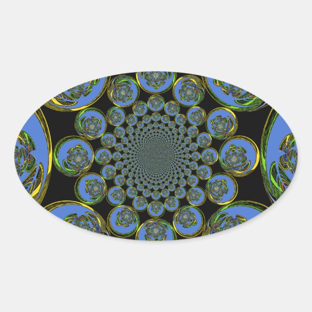 Pegatina Ovalada Hermoso arte fresco azul real negro Kaleidoscope (Anverso)