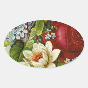 Pegatina Ovalada Hermoso Bouquet Romántico de Verano con Rosa Roja