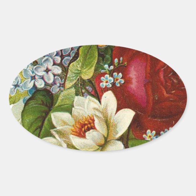 Pegatina Ovalada Hermoso Bouquet Romántico de Verano con Rosa Roja (Anverso)