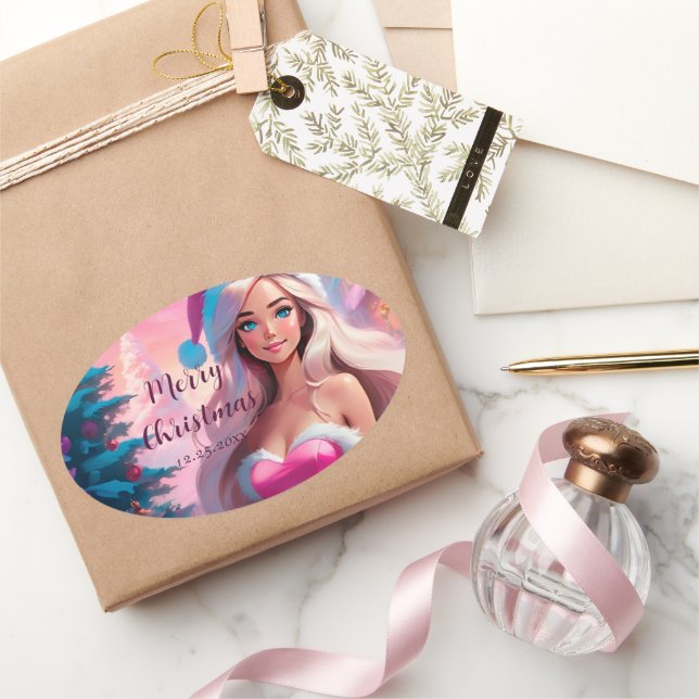 Pegatina Ovalada Hermoso Chica de Navidades rosados 01 (Regalar)