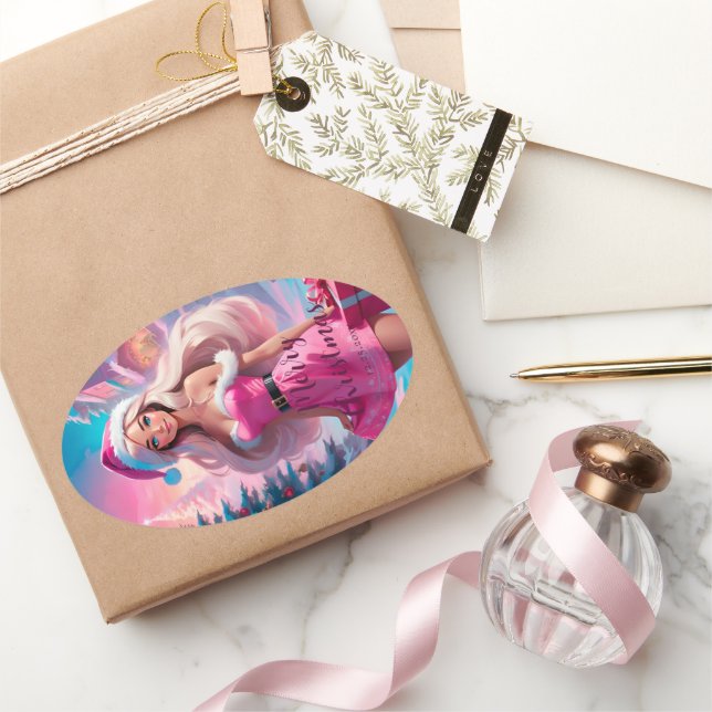 Pegatina Ovalada Hermoso Chica de Navidades rosados 01 (Regalar)