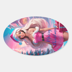 Pegatina Ovalada Hermoso Chica de Navidades rosados 01